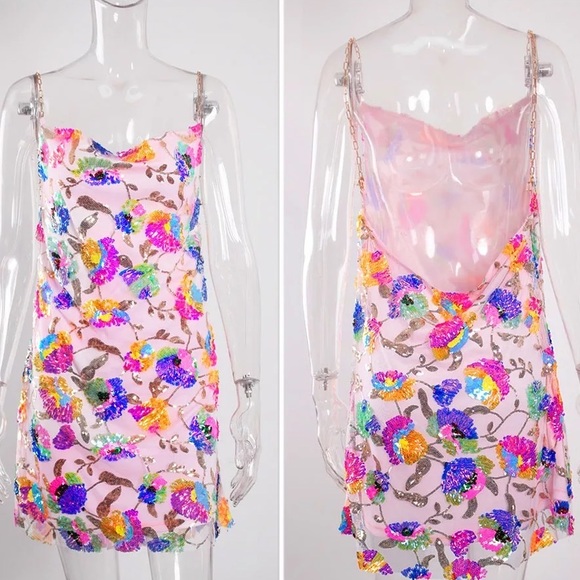 NWT gold chain strap sequin mini sheath dress square S M L pale pink multicolor - Picture 6 of 15